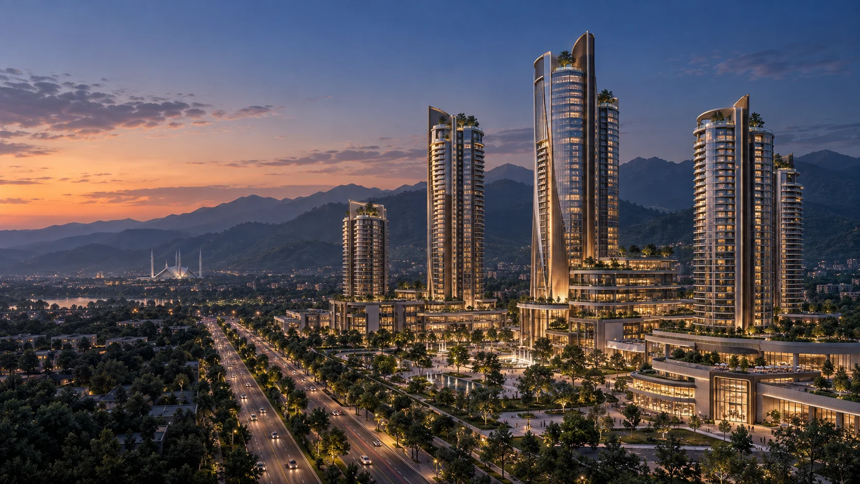 Imagined towers above Islamabad, with Faisal Mosque on the left and the Margalla Hills beyond.