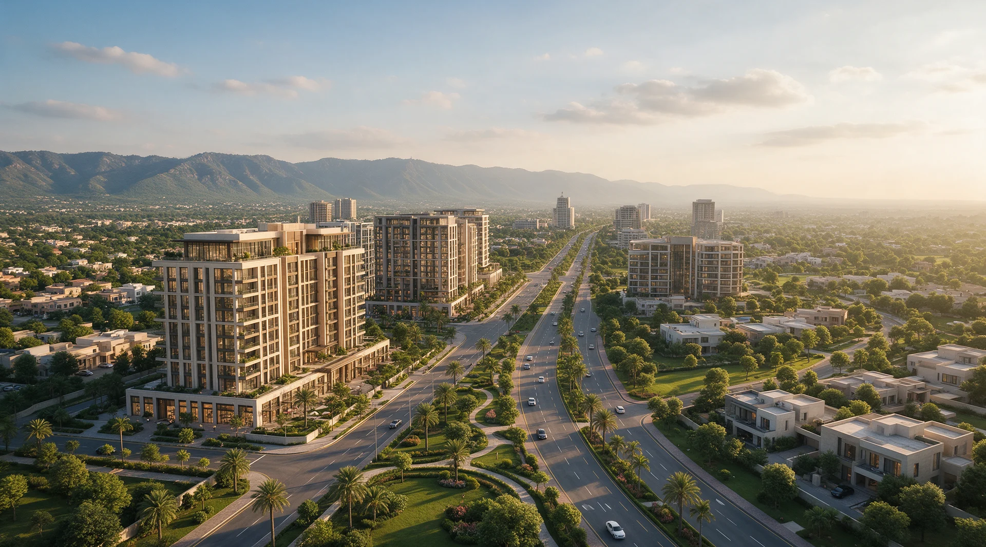 Kie.ai generated Islamabad city visualisation with green avenues and the Margalla Hills